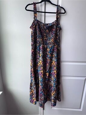 BloomChic Black Midi Dress with Pink, Blue & Yellow Floral Print